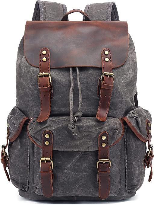 HuaChen Travel Leather Waxed Canvas Backpack,Men’s Vintage Laptop School Bag Daypack Large (M80_Grey) Photo