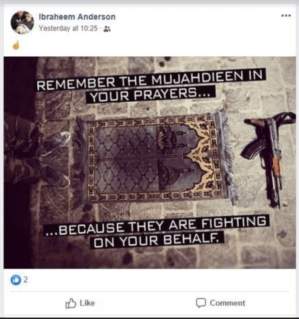 Ibrahim Anderson's Mujahideen Post On Facebook