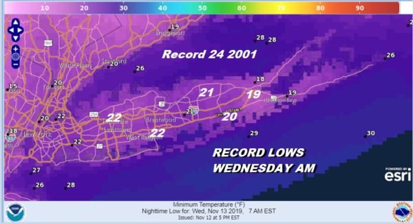 Long Island Record Lows Forecast Tonight & Wednesday