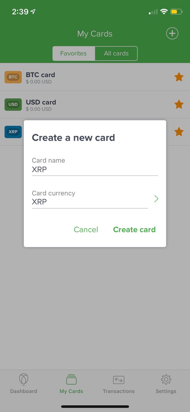 Uphold My Cards section add a new card select a currency