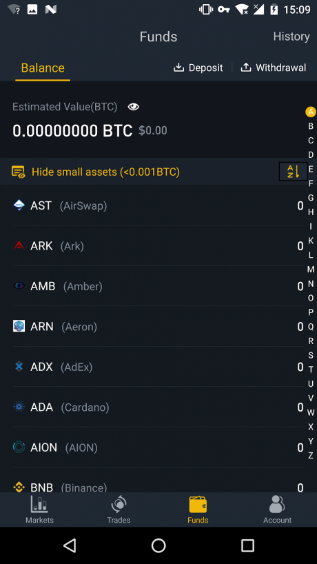 Binance Android app account funds tab.