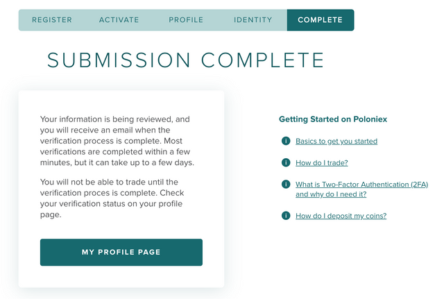 Poloniex account sign up Identity Verification submission complete page.