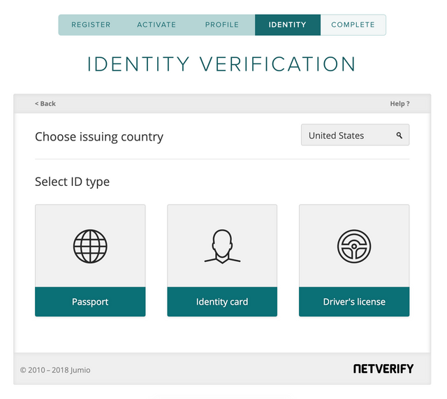 Poloniex account sign up Identity Verification choose your identity issuing country and verification method page.