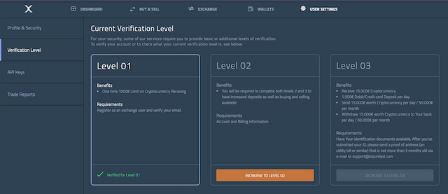 XRP United user settings verification level tab.