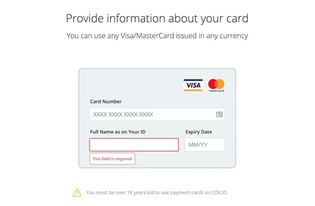 CEX.IO add new credit card information form.