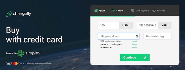 Changely buy XRP with a credit card wallet address destination field.