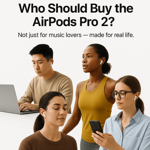 A lifestyle montage featuring people using Apple AirPods Pro 2 in everyday settings — from working at a laptop and exercising outdoors to meditating quietly and making casual phone calls. This visual emphasizes their versatility beyond music, showing they’re equally suited for productivity, fitness, and relaxation.