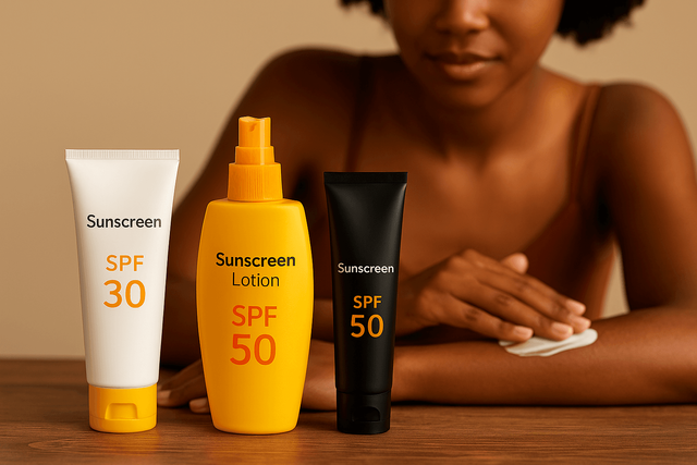 Black woman smiling while applying sunscreen—an illustration of inclusive skin protection.