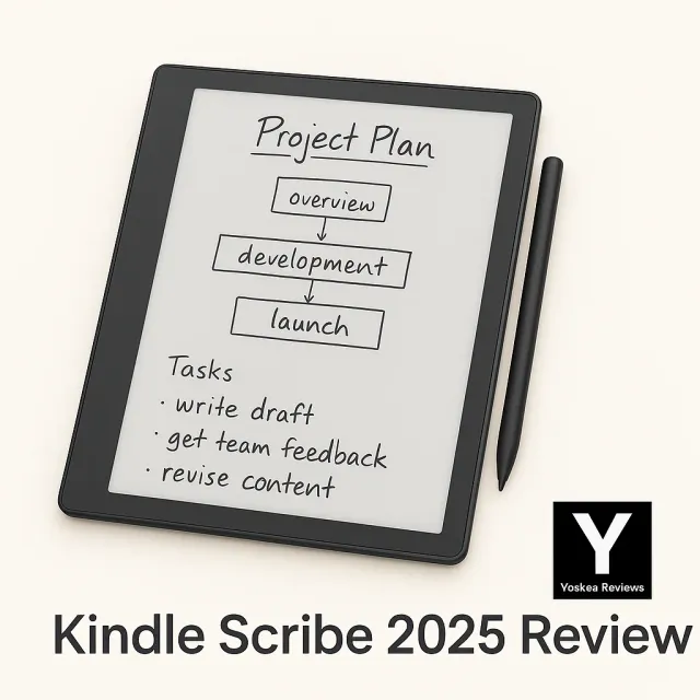 Kindle Scribe 64GB on a desk, with stylus and clean beige background, Yoshaa Reviews branding