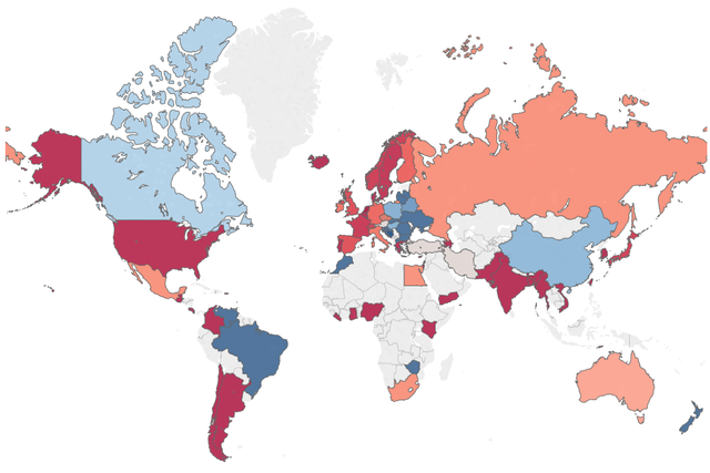 Map of the world colored by the percentage of Nobel Laureates in that country who emigrated.