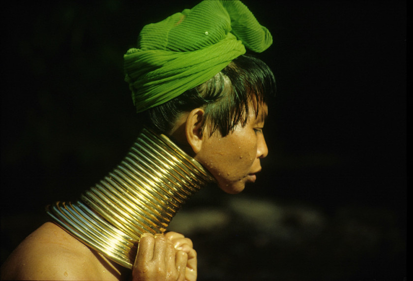 Children and women in ancient Myanmar tribe wear brass rings and