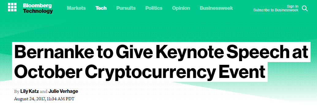 Bernanke to Give Keynote Speech at October Cryptocurrency Event (2017-08-24 bloomberg.com).png