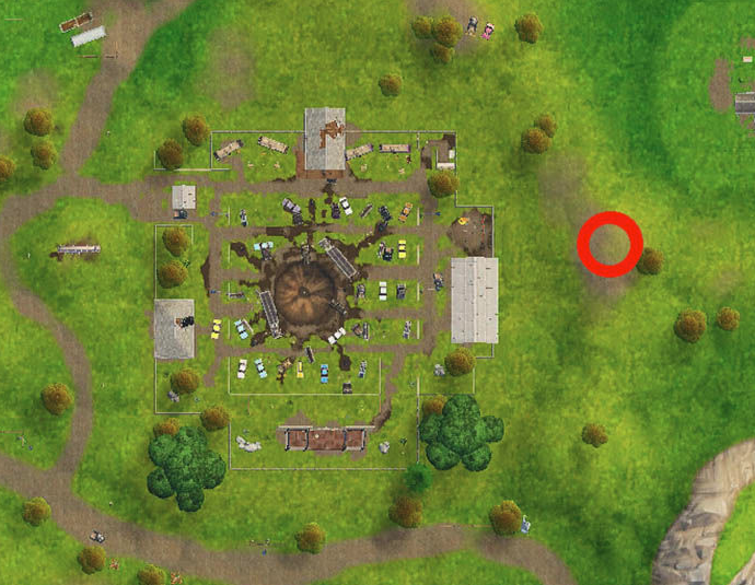 the scarecrow should slightly southeast of where you landed surrounded by 5 chairs with a stuffed bear sitting on the 2nd to the right side - fortnite search between a bear