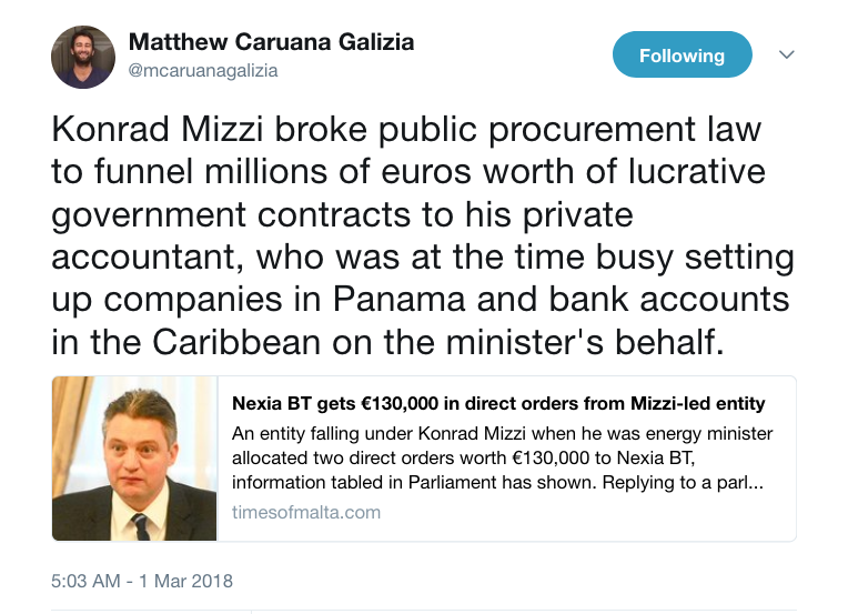 Matthew Caruana Galizia on Twitter   Konrad Mizzi broke public procurement law to funnel millions of euros worth of lucrative government contracts to his private accountant  who was at the time busy setting up companies.png