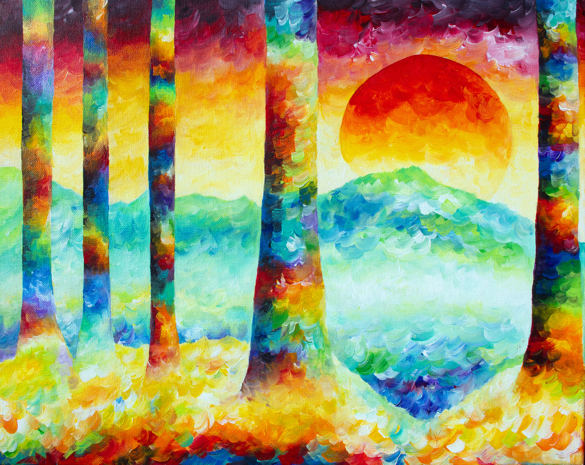 Under the Light Acrylic Painting Colorful Nature Sun Mountains Trees.jpg
