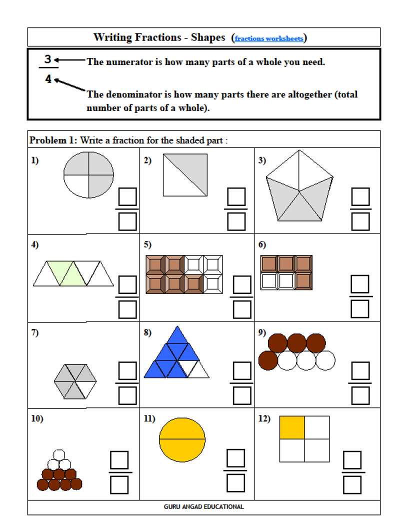 Writing Fractions Worksheets For Grade 2 K5 Learning Identifying Fractions With Pictures 9118