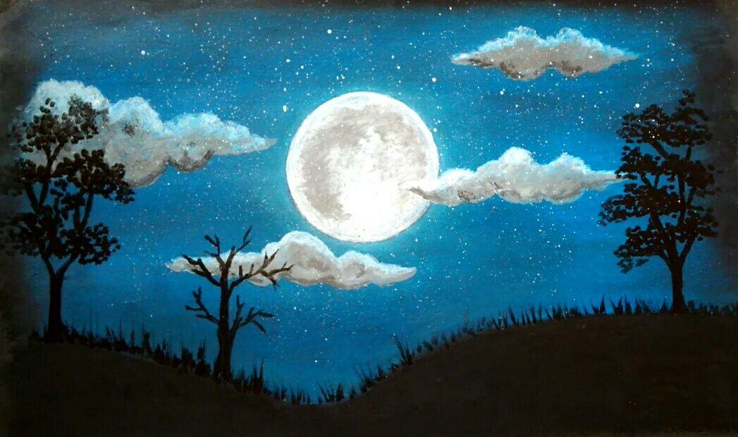 A peaceful night. (drawing technique using oil pastel and acrylic paint