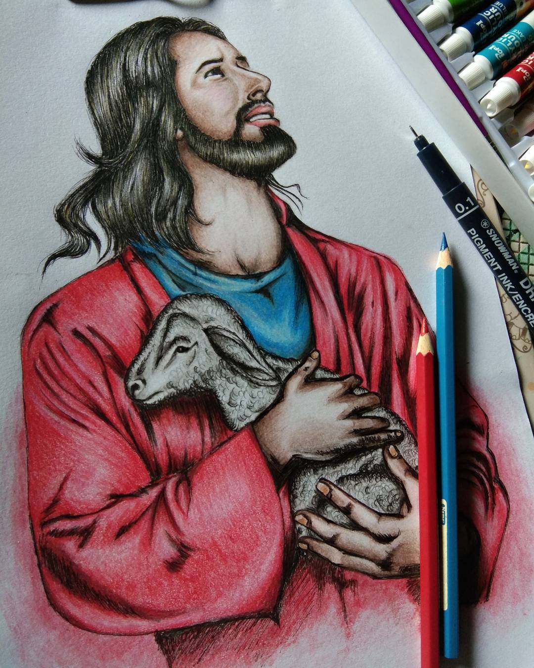Pencil Drawing of Jesus Making a Heart | Spiritual Art & Wellness