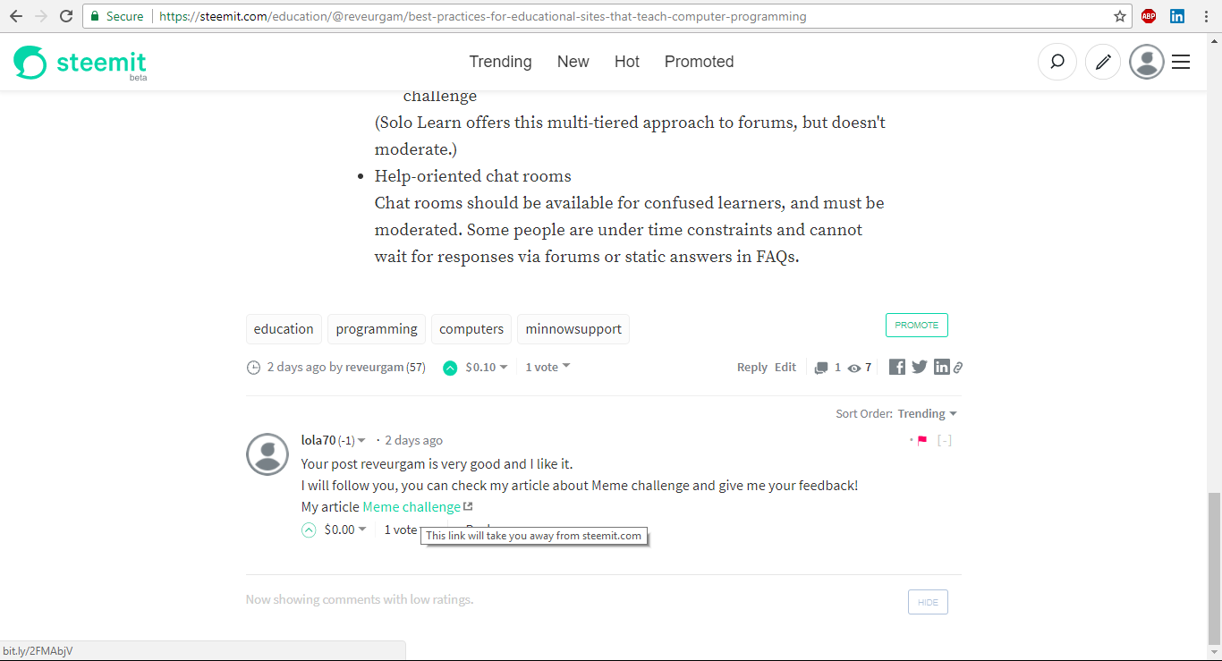 Screenshot of post by @lola70 that shows the link has been obfuscated with a shortened bitly link, and a mouse-over message showing that the link will take me off of Steemit.
