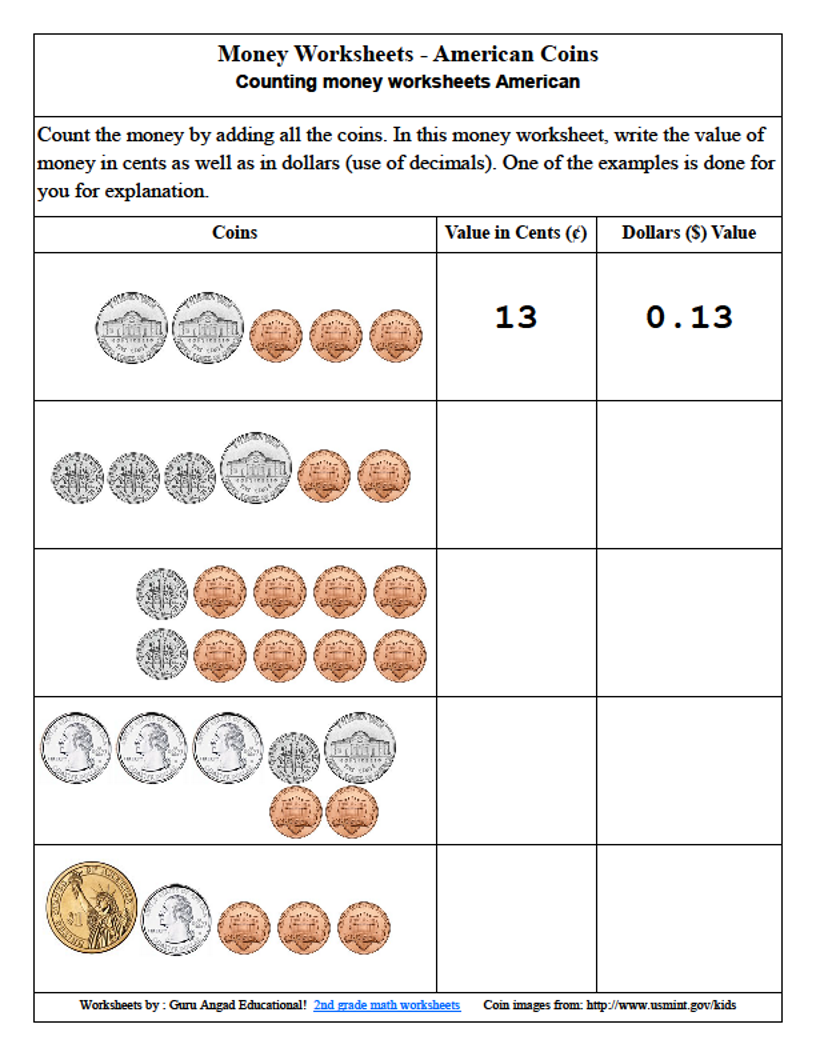 2nd grade math money worksheets using american coins