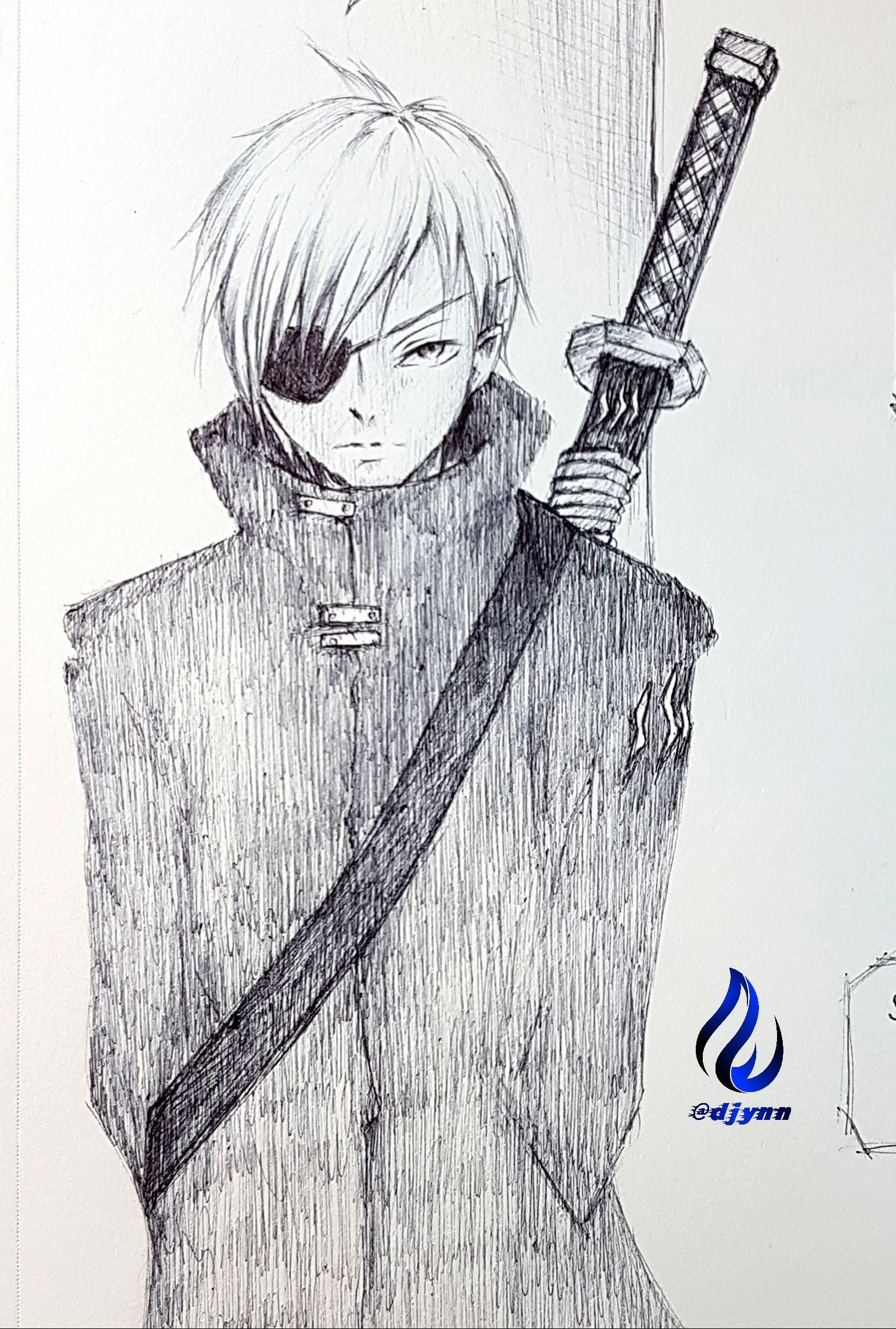 Detailed sketch of a heroic anime character with a sword