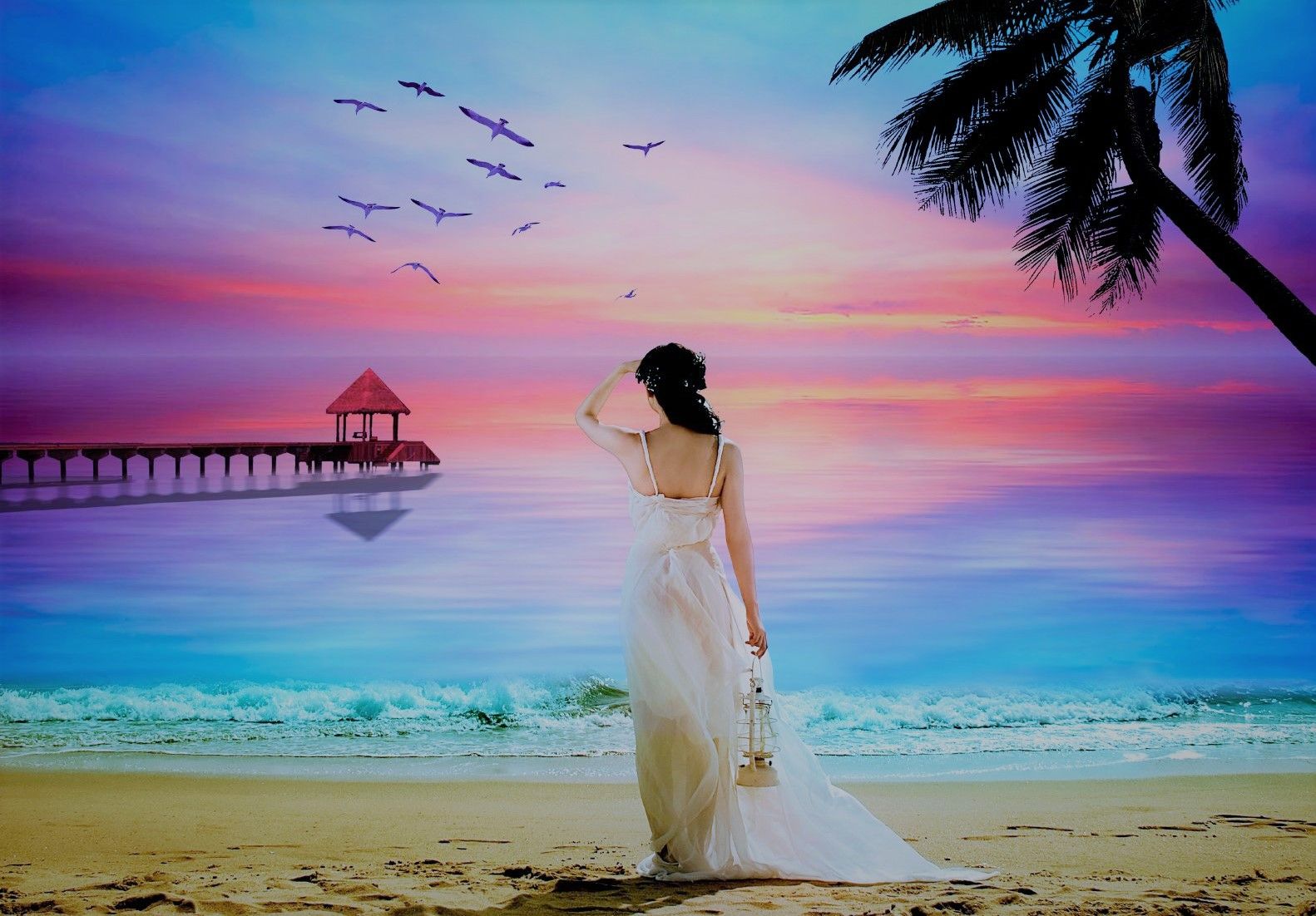 woman-on-the-beach,-wooden-pier,-palm-tree-over-sandy-beach,-colorful-sky-215129.jpg