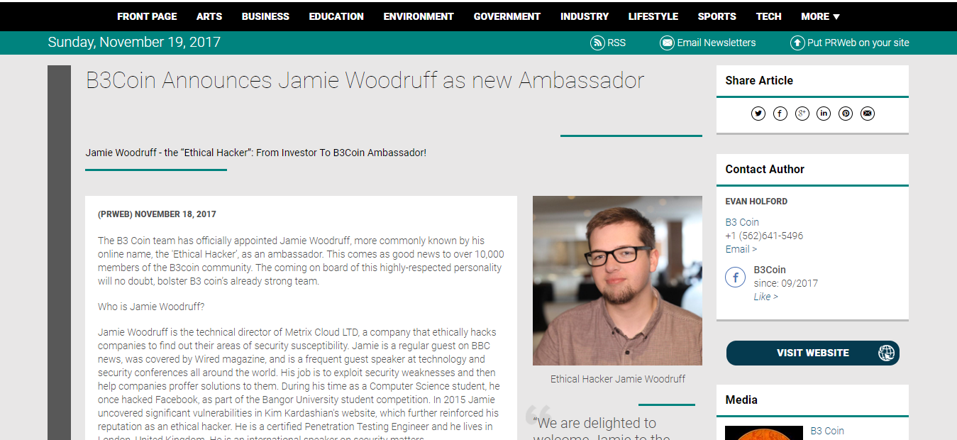 B3Coin Announces Jamie Woodruff as new Ambassador.png