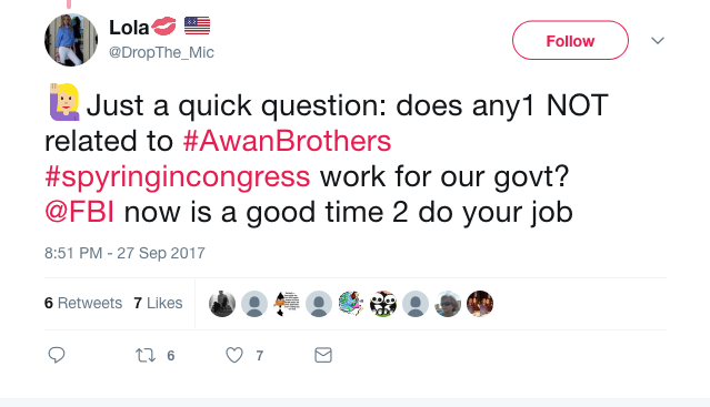 Lola💋 🇺🇸 on Twitter   🙋🏼Just a quick question  does any1 NOT related to  AwanBrothers  spyringincongress work for our govt   FBI now is a good time 2 do your job .png