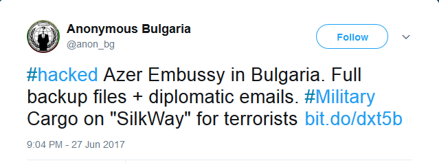 Anonymous Bulgaria on Twitter    hacked Azer Embussy in Bulgaria. Full backup files   diplomatic emails.  Military Cargo on  SilkWay  for terrorists https   t.co jtLuD1bKns .png