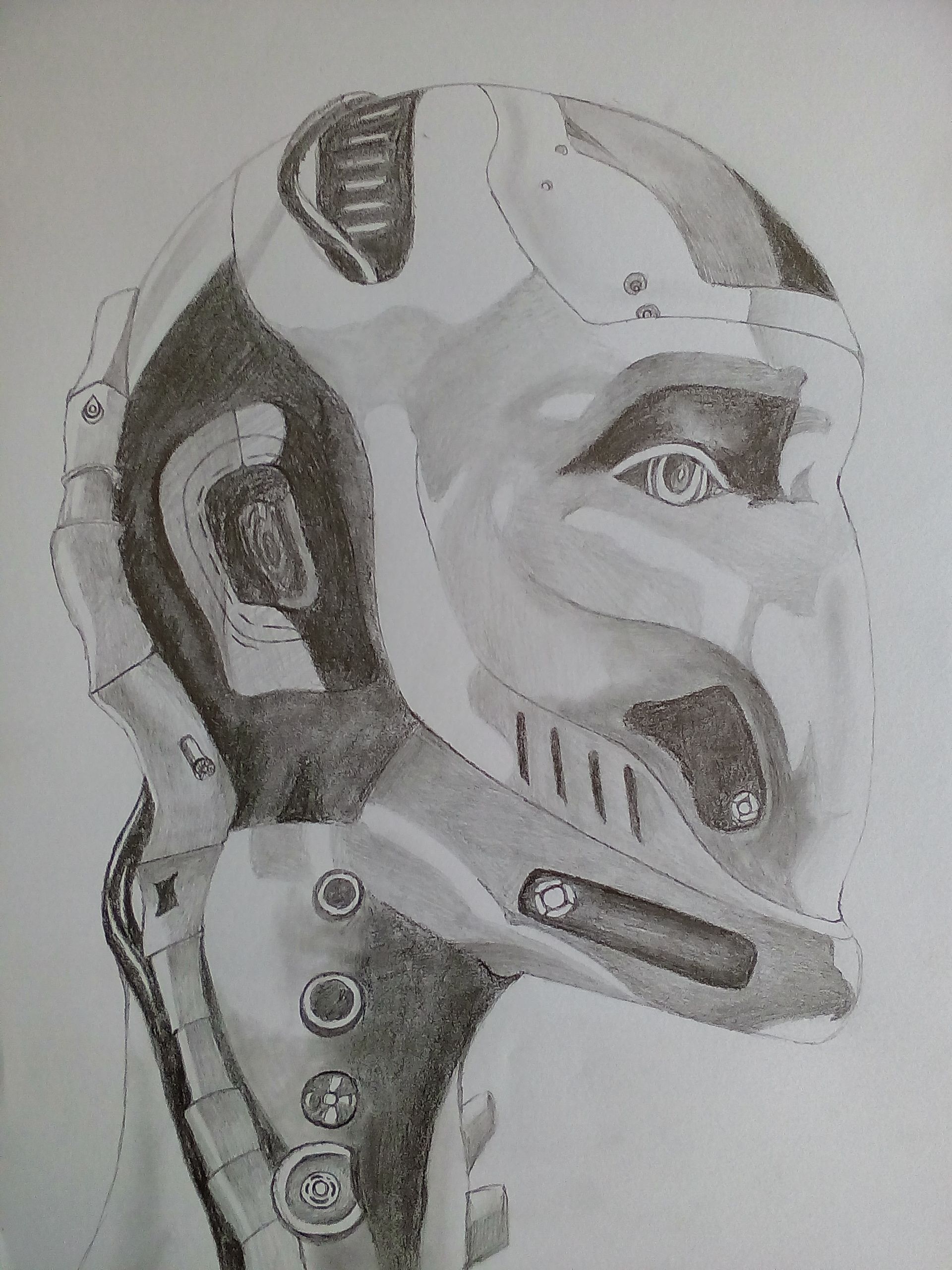 Pencil drawing of robot head looking up with relaxed expression on