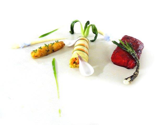 Glazed fish with red wine and honey, fruits and vegetables cannelloni, roasted pineapple and tapioca espumas, mint chlorophyll jelly..jpg