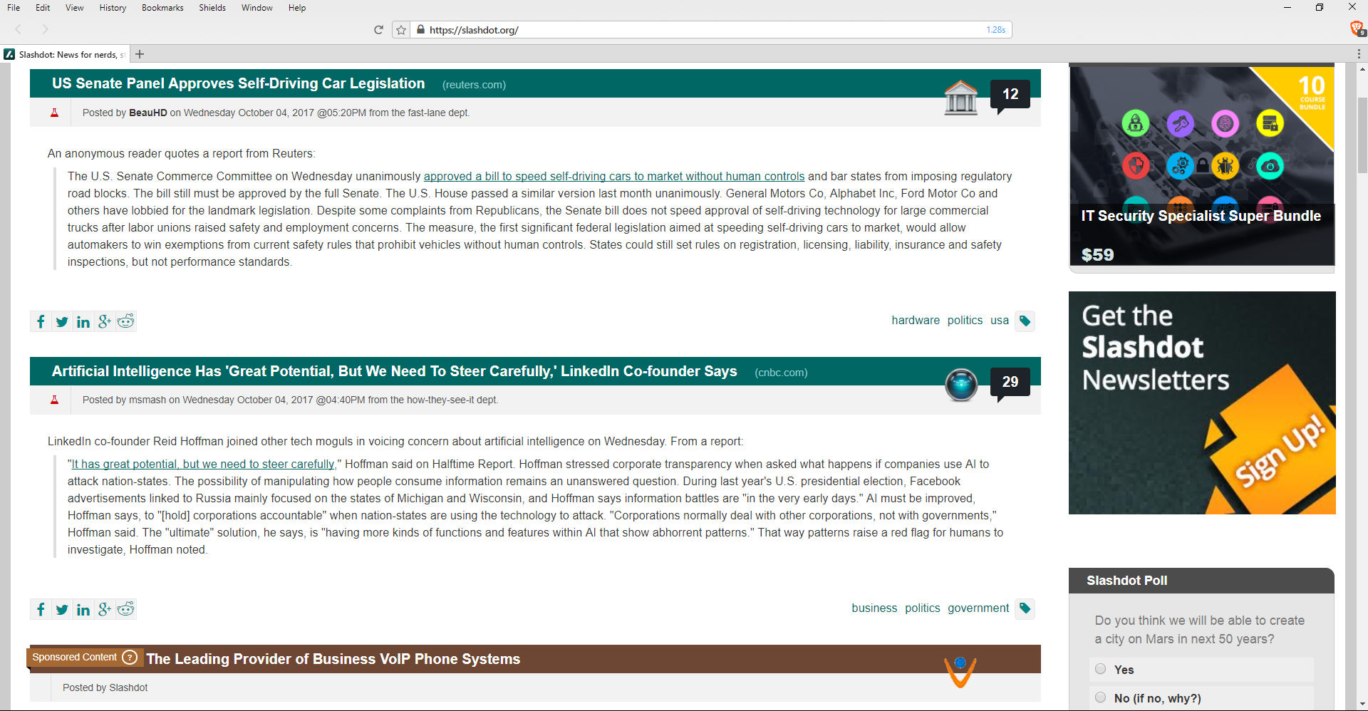 Slashdot amusing pair of headlines, 2017-10-04 Wed.png
