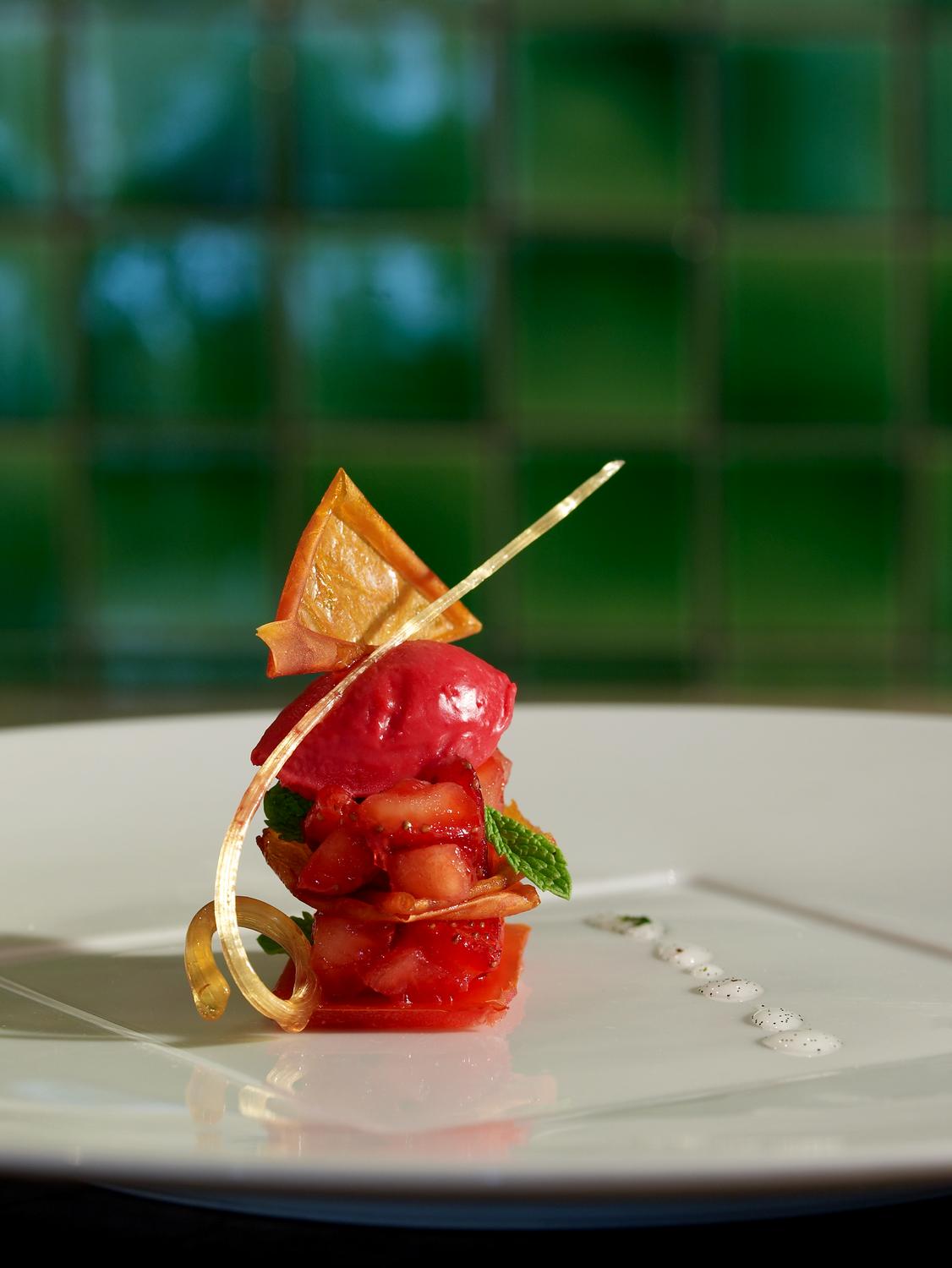 Mille-feuille of tomato + citrus brined strawberries, sweet tomato ice + emusified sucro.jpg