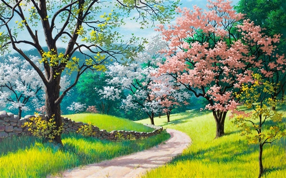 Beautiful-painting-spring-blossoms-trees-grass-road_m.jpg