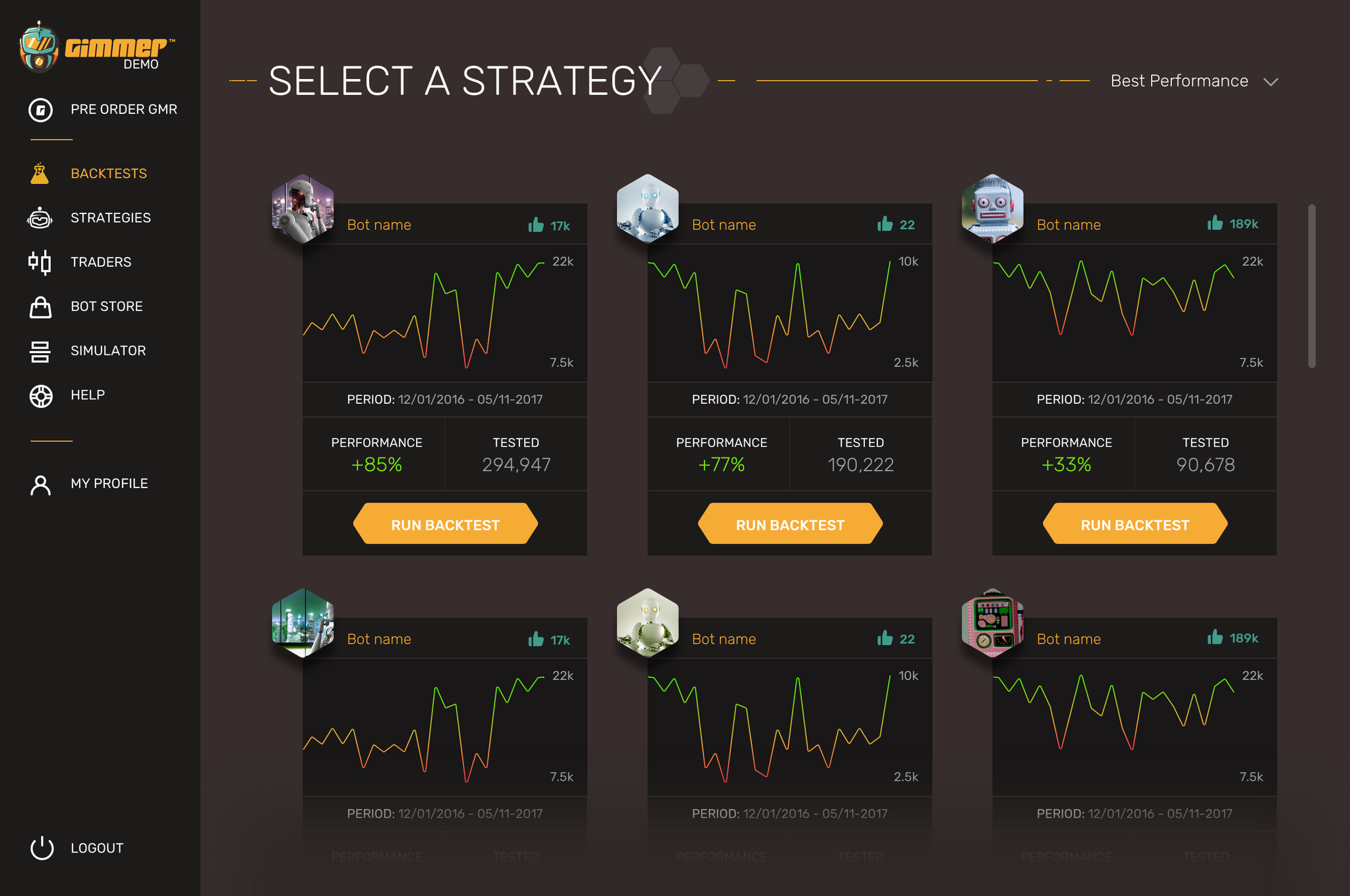 Gimmer. Trading bot. Trading bot interface. Gimmer logo.