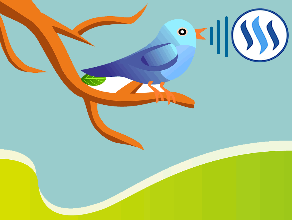Steem Promo Logo_ Twitter Bird On Branch Tweeting Out Steem Logo.gif