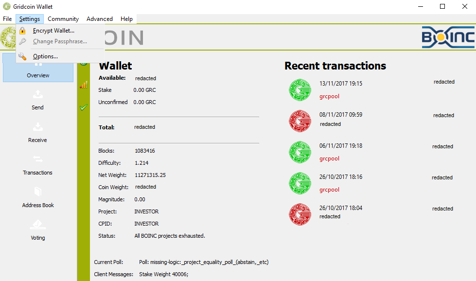 20Gridcoin wallet Overview + settings redacted.png