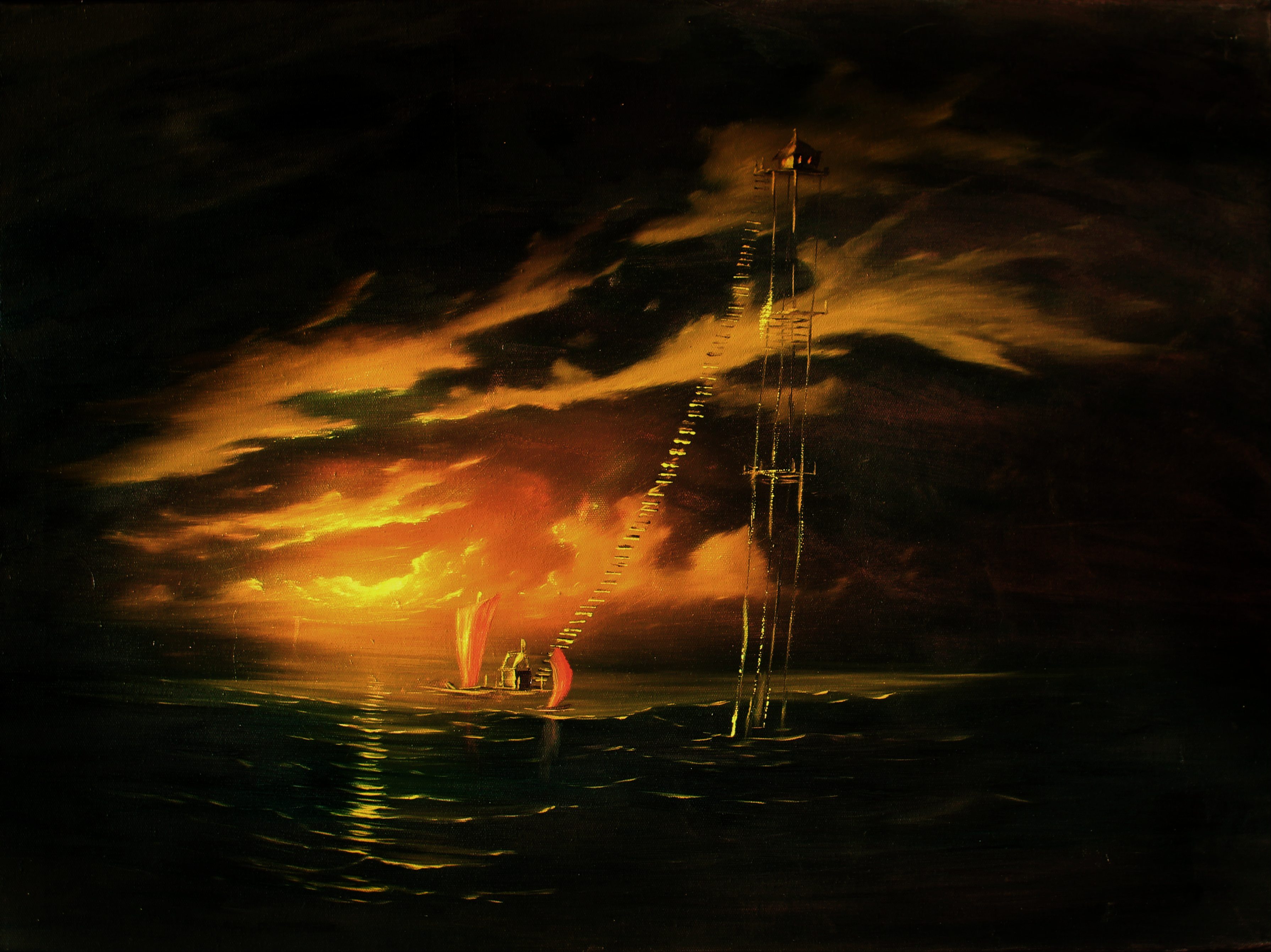 Шторм и море а огне. Живопись с кораблями на закате. Ночное море картина. Корабль на закате. Шторм на закате.