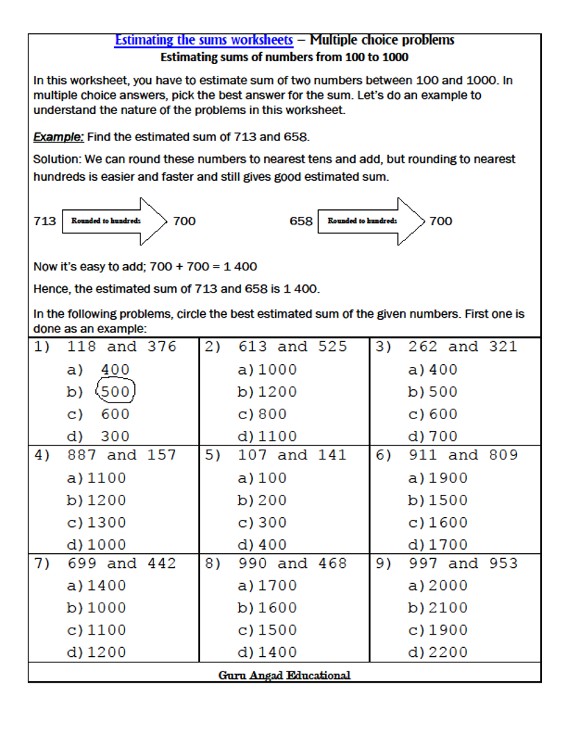 Estimating Sums And Differences Worksheets Addition And Subtraction