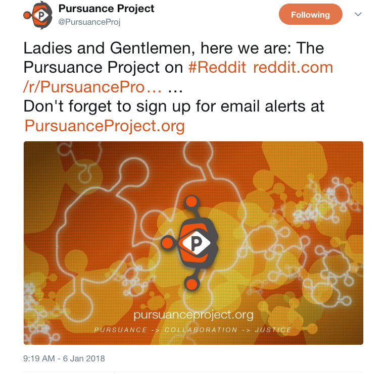 Pursuance Project on Twitter   Ladies and Gentlemen  here we are  The Pursuance Project on  Reddit https   t.co uJbvTDZZzO … Don t forget to sign up for email alerts at… https   t.co i6KXveWmVd .png