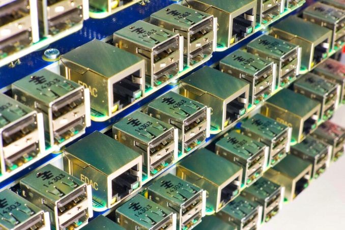 Close up of Raspberry Pi ports, from https://www.anandtech.com/show/12037/cheap-supercomputers-lanl-has-750node-raspberry-pi-development-clusters