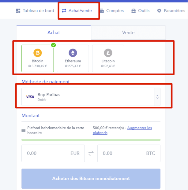 Ecran d'achat de crypto-monnaies sur Coinbase