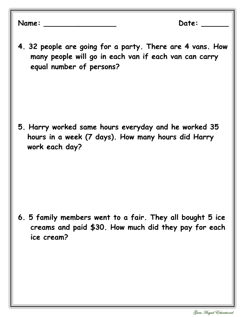 math worksheets for grade 3 division word problems