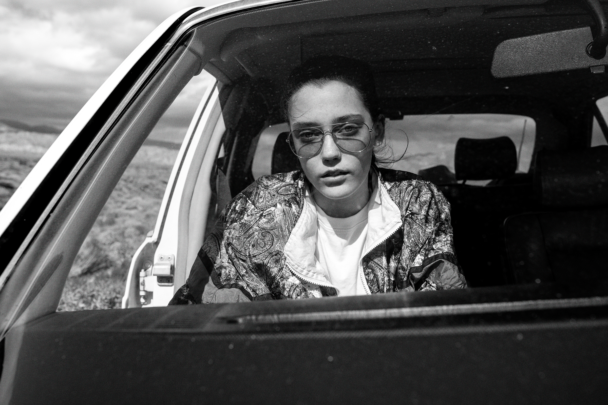 Chloe Bechtol of Nous Model Agency in vintage and classic mercedes 300se Joshua Tree California by Amos Haley.jpg
