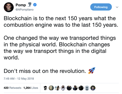 Pomp 🌪 on Twitter   Blockchain is to the next 150 years what the combustion engine was to the last 150 years  One changed the way we transported things in the physical world  Blockchain changes the way we transport things in the digital .png