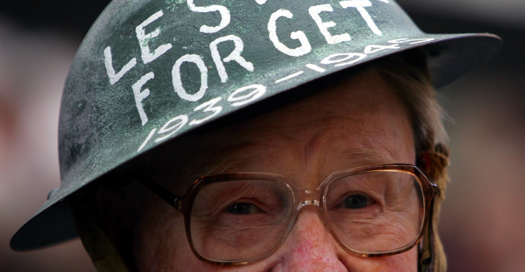 War veteran Pat Lee wears a World War II helmet at a ceremony in Sydney to commemorate the 60th anniversary of V-J Day..jpeg