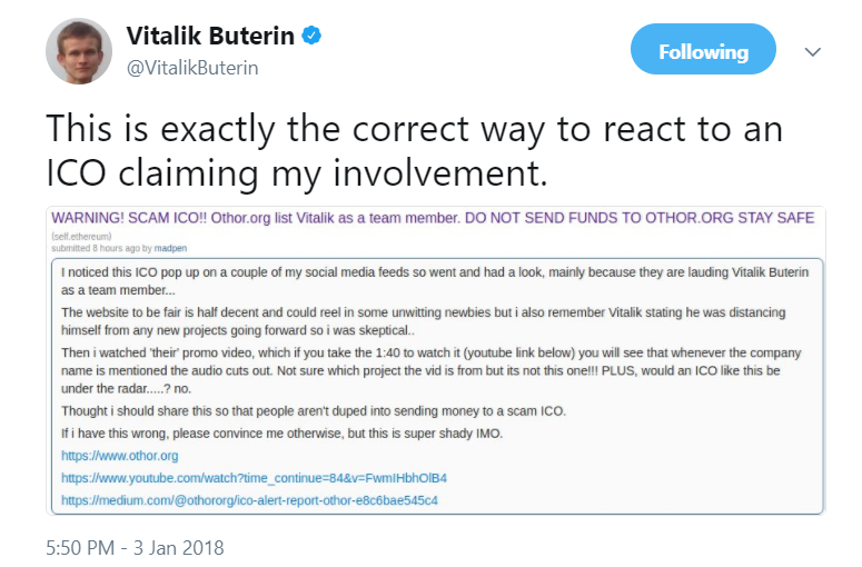 Vitalik Buterin on Twitter   This is exactly the correct way to react to an ICO claiming my involvement  https   t co v5Sw0N51l3 .png