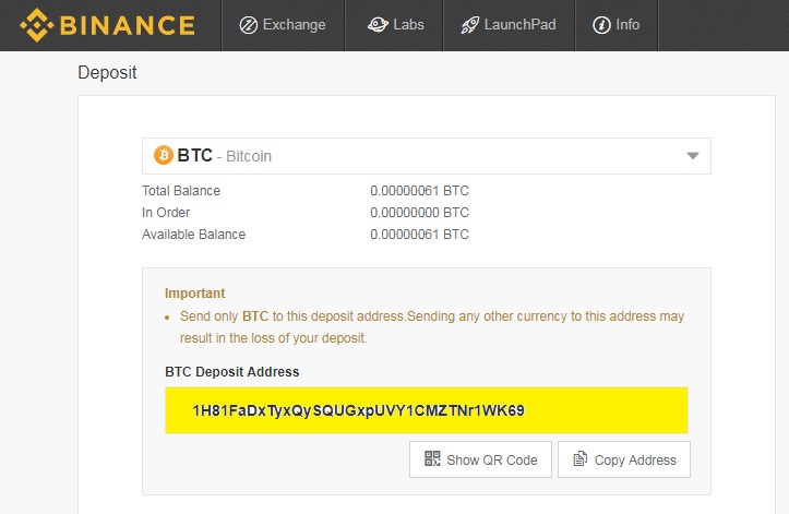 Deposit address. Binance deposit address.