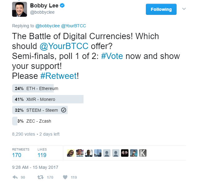 Bobby Lee on Twitter   . YourBTCC The Battle of Digital Currencies  Which should  YourBTCC offer  Semi finals  poll 1 of 2   Vote now and show your support  Please  Retweet  .png