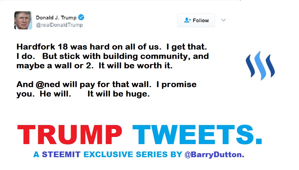 Trump Tweets #1 - Hardfork 18 was hard on us all but stick with it.  Build Community + Walls.  Ned will pay for it..jpg